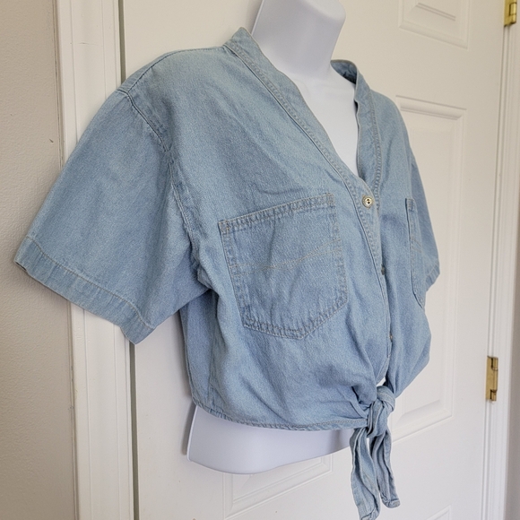 Gitano Vintage Denim Chambray Crop Tie Waist Shirt 90s 100% Cotton Womens M - Picture 2 of 11